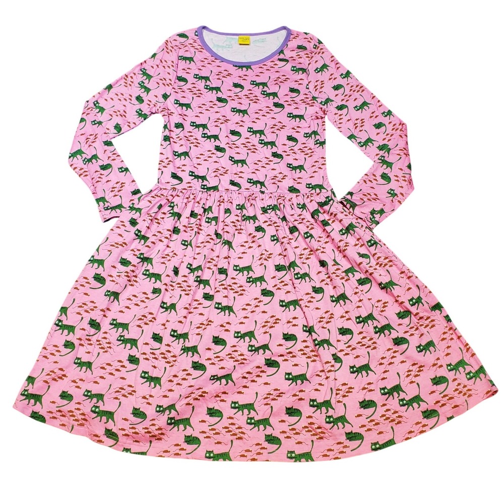 DUNS Sweden Adult Cat Pink Organic Cotton LS Gathered Dress Pockets Twirl L